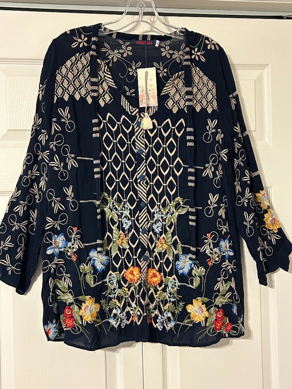 NWT JOHNNY WAS Sz S Navy Blue w/ Embroidered Flowers Luca Tunic Top NEW